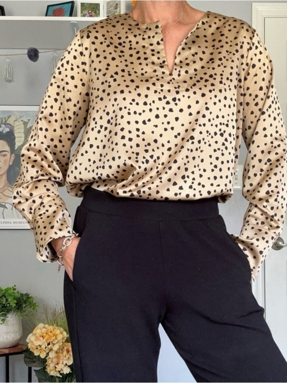 LOFT Silky Beige and Black Spotted Long Sleeve Blouse